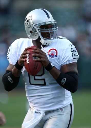 OAKLAND, CA - SEPTEMBER 14: Quarterback JaMarcus Russell #2 of the Oakland Raiders warms up against the San Diego Chargers on September 14, 2009 at the Oakland-Alameda County Coliseum in Oakland, California.  <br /><br /><span class="help">(Photo by 2Ezra Shaw/Getty Images)</span>