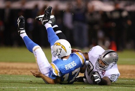 OAKLAND, CA - SEPTEMBER 14:  Richard Seymour #92 of the Oakland Raiders sacks Philip Rivers #17 of the San Diego Chargers on September 14, 2009 at the Oakland-Alameda County Coliseum in Oakland, California.  <br /><br /><span class="help">(Photo by Ezra Shaw/Getty Images)</span>