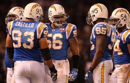 OAKLAND, CA - SEPTEMBER 14:  Linebacker Shawne Merriman #56 of the San Diego Chargers stands with his defensive teammates on the field against the Oakland Raiders on September 14, 2009 at the Oakland-Alameda County Coliseum in Oakland, California.  <br /><br /><span class="help">(Photo by Ezra Shaw/Getty Images)</span>