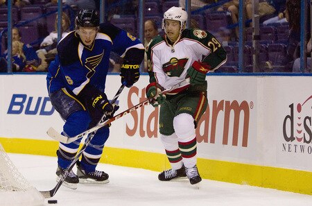 ST. LOUIS, MO. - SEPTEMBER 15: Jon DiSalvatore #29 of the Minnesota Wild looks to steal the puck from Erik Johnson #6 of the St. Louis Blues at the Scottrade Center on September 15, 2009 in St. Louis, Missouri.  <br /><br /><span class="help">(Photo by Dilip Vishwanat/Getty Images)</span>