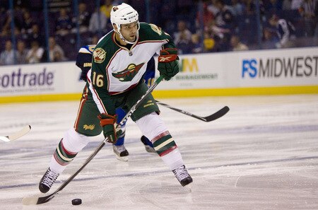 ST. LOUIS, MO. - SEPTEMBER 15: Duncan Milroy #16 of the Minnesota Wild shoots the puck against the St. Louis Blues at the Scottrade Center on September 15, 2009 in St. Louis, Missouri.  <br /><br /><span class="help">(Photo by Dilip Vishwanat/Getty Images)</span>