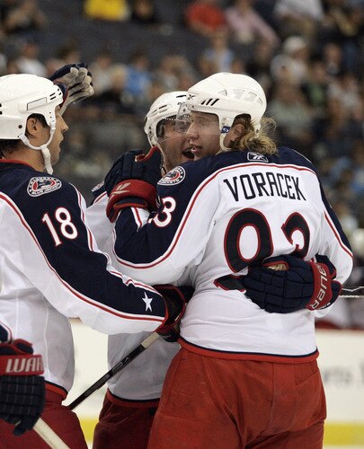 PITTSBURGH, PA - SEPTEMBER 15:  Jakub Voracek #93 of the Columbus Blue Jackets celebrates with teammates after scoring in the first period against the Pittsburgh Penguins at Mellon Arena on September 15, 2009 in Pittsburgh, Pennsylvania.  <br /><br /><span class="help">(Photo by Justin K. Aller/Getty Images)</span>