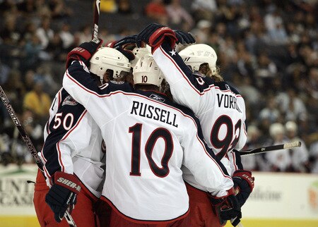 PITTSBURGH, PA - SEPTEMBER 15:  Jakub Voracek #93 of the Columbus Blue Jackets celebrates with teammates after scoring in the first period against the Pittsburgh Penguins at Mellon Arena on September 15, 2009 in Pittsburgh, Pennsylvania.  <br /><br /><span class="help">(Photo by Justin K. Aller/Getty Images)</span>