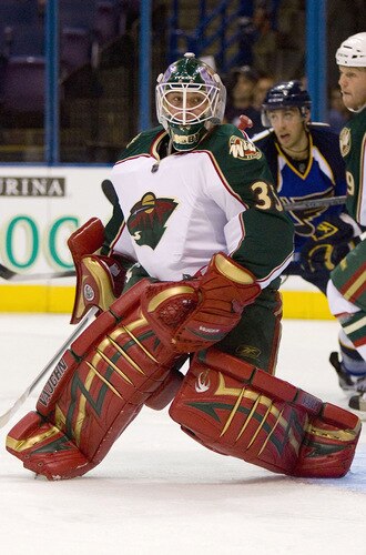 ST. LOUIS, MO. - SEPTEMBER 15: Anton Khudobin #35 of the Minnesota Wild follows the puck against the St. Louis Blues at the Scottrade Center on September 15, 2009 in St. Louis, Missouri.  <br /><br /><span class="help">(Photo by Dilip Vishwanat/Getty Images)</span>