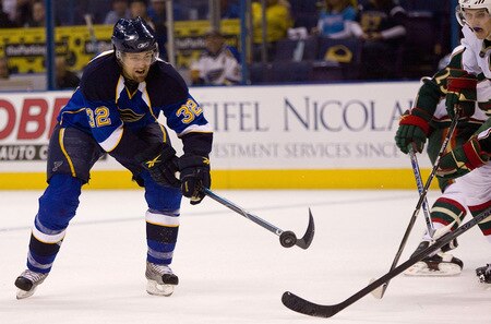 ST. LOUIS, MO. - SEPTEMBER 15: Chris Porter #32 of the St. Louis Blues blocks the puck against the Minnesota Wild at the Scottrade Center on September 15, 2009 in St. Louis, Missouri.  <br /><br /><span class="help">(Photo by Dilip Vishwanat/Getty Images)</span>