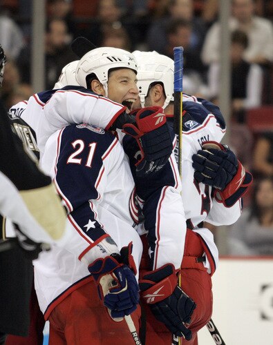 PITTSBURGH, PA - SEPTEMBER 15:  Alexandre Picard #21 of the Columbus Blue Jackets celebrates after scoring a goal against the Pittsburgh Penguins in the third period at Mellon Arena on September 15, 2009 in Pittsburgh, Pennsylvania.  <br /><br /><span class="help">(Photo by Justin K. Aller/Getty Images)</span>