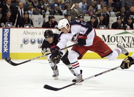 PITTSBURGH, PA - SEPTEMBER 15:  Michael Blunden #12 of the Columbus Blue Jackets takes a shot on goal against the Pittsburgh Penguins in the third period at Mellon Arena on September 15, 2009 in Pittsburgh, Pennsylvania.  <br /><br /><span class="help">(Photo by Justin K. Aller/Getty Images)</span>