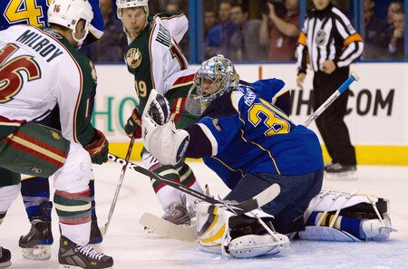 ST. LOUIS, MO. - SEPTEMBER 15: Ben Bishop #30 the St. Louis Blues makes a save against the Minnesota Wild at the Scottrade Center on September 15, 2009 in St. Louis, Missouri.  The Blues beat the Wild 3-1.  <br /><br /><span class="help">(Photo by Dilip Vishwanat/Getty Images)</span>