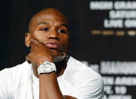 LAS VEGAS - SEPTEMBER 16:  Boxer Floyd Mayweather Jr. appears during the final news conference for his bout against Juan Manuel Marquez at the MGM Grand Hotel/Casino September 16, 2009 in Las Vegas, Nevada. The two will fight at the MGM Grand Garden Arena on September 19 in Las Vegas.  <br /><br /><span class="help">(Photo by Ethan Miller/Getty Images)</span>