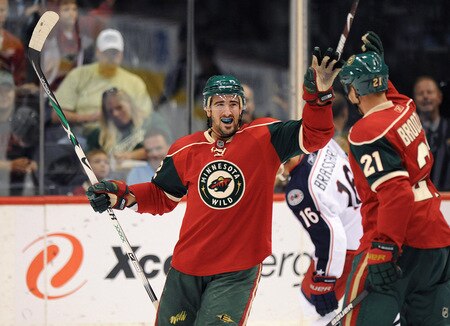 ST. PAUL, MN - SEPTEMBER 18: Cal Clutterbuck #22 of the Minnesota Wild jubulates after scoring in a preseason game on September 18, 2009 at the Xcel Energy Center in St. Paul, Minnesota. <br /><br /><span class="help">(Photo by Tom Dahlin/Getty Images)</span>