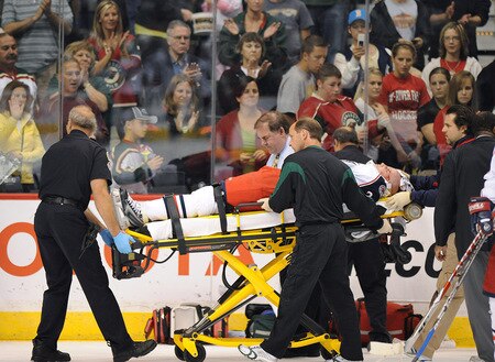 ST. PAUL, MN - SEPTEMBER 18: Jason Chimera #25 of the Columbus Blue Jackets is transported off the ice during the second period in a preseason game on September 18, 2009 at the Xcel Energy Center in St. Paul, Minnesota. <br /><br /><span class="help">(Photo by Tom Dahlin/Getty Images)</span>