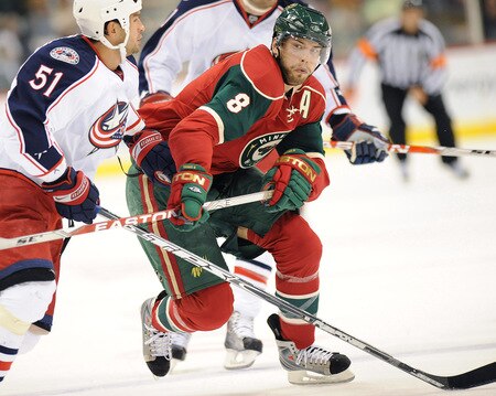 ST. PAUL, MN - SEPTEMBER 18: Brent Burns #8 of the Minnesota Wild battles against Fedor Tyutin #51 of the Columbus Blue Jackets during the first period in a preseason game on September 18, 2009 at the Xcel Energy Center in St. Paul, Minnesota. <br /><br /><span class="help">(Photo by Tom Dahlin/Getty Images)</span>
