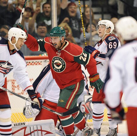 ST. PAUL, MN - SEPTEMBER 18: Cal Clutterbuck #22 of the Minnesota Wild jubulates after scoring in a preseason game on September 18, 2009 at the Xcel Energy Center in St. Paul, Minnesota. <br /><br /><span class="help">(Photo by Tom Dahlin/Getty Images)</span>