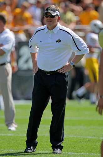 BOULDER, CO - SEPTEMBER 19:  Head coach Dan Hawkins of the Colorado Buffaloes prepares to lead his team against the Wyoming Cowboys at Folsom Field on September 19, 2009 in Boulder, Colorado.  <br /><br /><span class="help">(Photo by Doug Pensinger/Getty Images)</span>