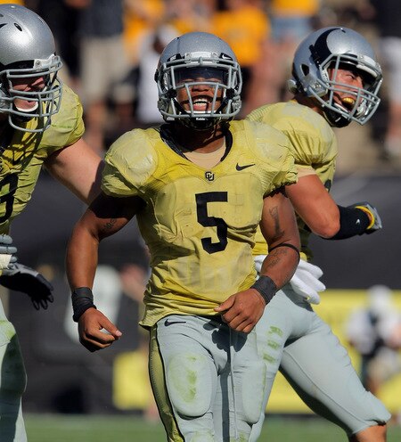 BOULDER, CO - SEPTEMBER 19:  Running back Rodney Stewart #5 of the Colorado Buffaloes celebrates his third quarter touchdown against the Wyoming Cowboys at Folsom Field on September 19, 2009 in Boulder, Colorado. Stewart's third quarter touchdown gave the Buffaloes a 24-0 lead over the Cowboys.  <br /><br /><span class="help">(Photo by Doug Pensinger/Getty Images)</span>