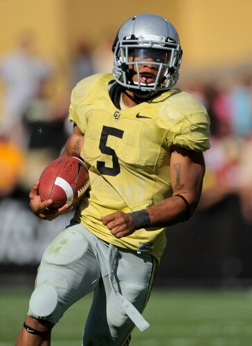BOULDER, CO - SEPTEMBER 19:  Running back Rodney Stewart #5 of the Colorado Buffaloes rushes against the Wyoming Cowboys at Folsom Field on September 19, 2009 in Boulder, Colorado. Stewart rushed for 127 yards as the Buffaloes defeated the Cowboys 24-0.  <br /><br /><span class="help">(Photo by Doug Pensinger/Getty Images)</span>