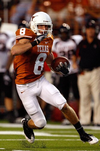 AUSTIN, TX - SEPTEMBER 19:  Punt return specialist Jordan Shipley #8 of the Texas Longhorns returns a 36-yard punt for a touchdown against the Texas Tech Red Raiders at Darrell K Royal-Texas Memorial Stadium on September 19, 2009 in Austin, Texas.  <br /><br /><span class="help">(Photo by Ronald Martinez/Getty Images)</span>