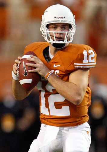 AUSTIN, TX - SEPTEMBER 19:  Quarterback Colt McCoy #12 of the Texas Longhorns drops back to pass against the Texas Tech Red Raiders at Darrell K Royal-Texas Memorial Stadium on September 19, 2009 in Austin, Texas.  <br /><br /><span class="help">(Photo by Ronald Martinez/Getty Images)</span>