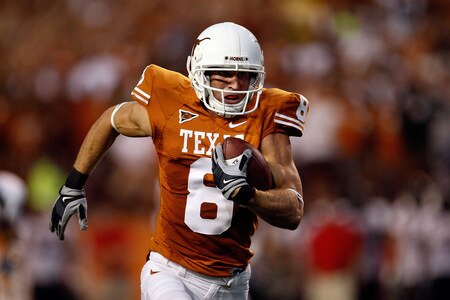 AUSTIN, TX - SEPTEMBER 19:  Punt return specialist Jordan Shipley #8 of the Texas Longhorns returns a 36-yard punt for a touchdown against the Texas Tech Red Raiders at Darrell K Royal-Texas Memorial Stadium on September 19, 2009 in Austin, Texas.  <br /><br /><span class="help">(Photo by Ronald Martinez/Getty Images)</span>