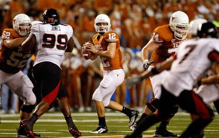 AUSTIN, TX - SEPTEMBER 19:  Quarterback Colt McCoy #12 of the Texas Longhorns drops back to pass against the Texas Tech Red Raiders at Darrell K Royal-Texas Memorial Stadium on September 19, 2009 in Austin, Texas.  <br /><br /><span class="help">(Photo by Ronald Martinez/Getty Images)</span>