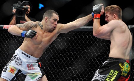 DALLAS - SEPTEMBER 19:  UFC fighter Rafaello Oliveira (L) battles UFC fighter Nik Lentz (R) during their Lightweight bout at UFC 103: Franklin vs. Belfort at the American Airlines Center on September 19, 2009 in Dallas, Texas.  <br /><br /><span class="help">(Photo by Jon Kopaloff/Getty Images)</span>