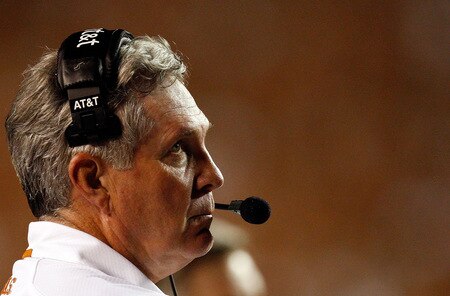 AUSTIN, TX - SEPTEMBER 19:  Head coach Mack Brown of the Texas Longhorns during play against the Texas Tech Red Raiders at Darrell K Royal-Texas Memorial Stadium on September 19, 2009 in Austin, Texas.  <br /><br /><span class="help">(Photo by Ronald Martinez/Getty Images)</span>