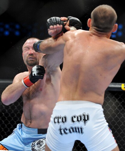 DALLAS - SEPTEMBER 19:  UFC fighter Vladimir Matyushenko (L) battles UFC fighter Igor Pokrajac (R) during their Light Heavyweight bout at UFC 103: Franklin vs. Belfort at the American Airlines Center on September 19, 2009 in Dallas, Texas.  <br /><br /><span class="help">(Photo by Jon Kopaloff/Getty Images)</span>