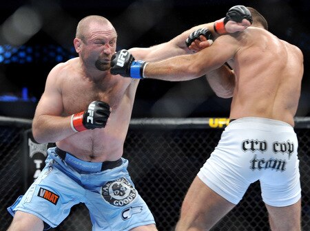 DALLAS - SEPTEMBER 19:  UFC fighter Vladimir Matyushenko (L) battles UFC fighter Igor Pokrajac (R) during their Light Heavyweight bout at UFC 103: Franklin vs. Belfort at the American Airlines Center on September 19, 2009 in Dallas, Texas.  <br /><br /><span class="help">(Photo by Jon Kopaloff/Getty Images)</span>