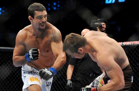 DALLAS - SEPTEMBER 19:  UFC fighter Vitor Belfort  (L) battles UFC fighter Rich Franklin (R) during their Catch weight bout at UFC 103: Franklin vs. Belfort at the American Airlines Center on September 19, 2009 in Dallas, Texas.  <br /><br /><span class="help">(Photo by Jon Kopaloff/Getty Images)</span>