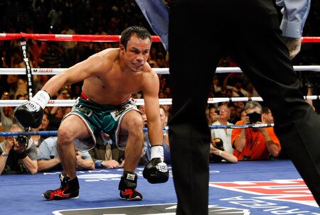 LAS VEGAS - SEPTEMBER 19:  Juan Manuel Marquez gets up off the canvas after he was knocked down by Floyd Mayweather Jr. in the second round of their fight at the MGM Grand Garden Arena September 19, 2009 in Las Vegas, Nevada. Mayweather won by unanimous decision.  <br /><br /><span class="help">(Photo by Ethan Miller/Getty Images)</span>