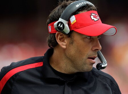 KANSAS CITY, MO - SEPTEMBER 20:  Head coach Todd Haley of the Kansas City Chiefs looks on from the sidelines during the game against the Oakland Raiders at Arrowhead Stadium on September 20, 2009 in Kansas City, Missouri.  <br /><br /><span class="help">(Photo by Jamie Squire/Getty Images)</span>