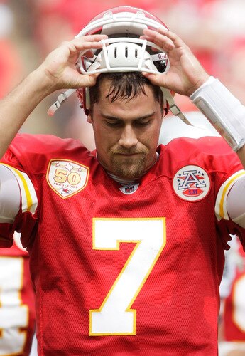 KANSAS CITY, MO - SEPTEMBER 20:  Quarterback Matt Cassel #7 of the Kansas City Chiefs walks off the field after failing to score at the end of the first half during the game against the Oakland Raiders at Arrowhead Stadium on September 20, 2009 in Kansas City, Missouri.  <br /><br /><span class="help">(Photo by Jamie Squire/Getty Images)</span>