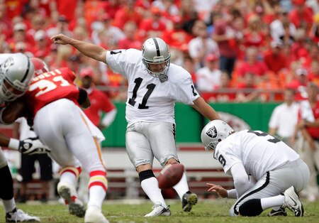 KANSAS CITY, MO - SEPTEMBER 20:  Kicker Sebastian Janikowski #11 of the Oakland Raiders kicks a field goal during the Raiders' 13-10 victory over the Kansas City Chiefs during the game at Arrowhead Stadium on September 20, 2009 in Kansas City, Missouri.  <br /><br /><span class="help">(Photo by Jamie Squire/Getty Images)</span>