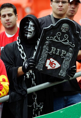KANSAS CITY, MO - SEPTEMBER 20:  An Oakland Raiders holds a sign predicting the outcome during the game against the Kansas City Chiefs at Arrowhead Stadium on September 20, 2009 in Kansas City, Missouri.  <br /><br /><span class="help">(Photo by Jamie Squire/Getty Images)</span>