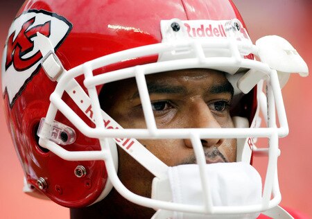 KANSAS CITY, MO - SEPTEMBER 20:  Running back Larry Johnson #27 of the Kansas City Chiefs looks on during warm-ups prior to the start of the game against  the Oakland Raiders at Arrowhead Stadium on September 20, 2009 in Kansas City, Missouri.  <br /><br /><span class="help">(Photo by Jamie Squire/Getty Images)</span>