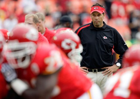 KANSAS CITY, MO - SEPTEMBER 20:  Head coach Todd Haley of the Kansas City Chiefs watches during warm-ups prior to the start of the game against the Oakland Raiders at Arrowhead Stadium on September 20, 2009 in Kansas City, Missouri.  <br /><br /><span class="help">(Photo by Jamie Squire/Getty Images)</span>