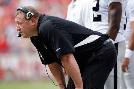 KANSAS CITY, MO - SEPTEMBER 20:  Head coach Tom Cable of the Oakland Raiders watches from the bench during the game against the Kansas City Chiefs at Arrowhead Stadium on September 20, 2009 in Kansas City, Missouri.  <br /><br /><span class="help">(Photo by Jamie Squire/Getty Images)</span>