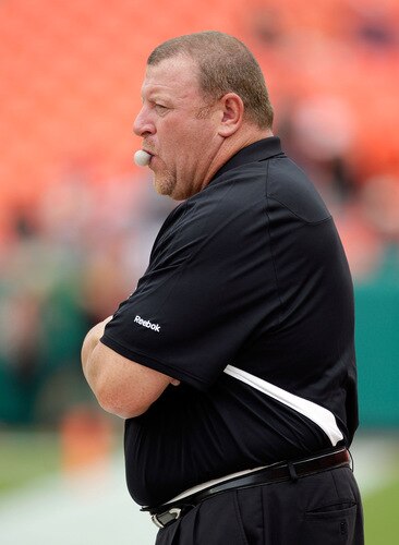 KANSAS CITY, MO - SEPTEMBER 20:  Head coach Tom Cable of the Oakland Raiders watches from the bench during warm-ups prior to the start of the game against the Kansas City Chiefs at Arrowhead Stadium on September 20, 2009 in Kansas City, Missouri.  <br /><br /><span class="help">(Photo by Jamie Squire/Getty Images)</span>