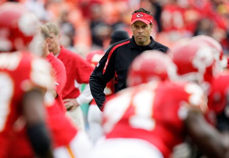 KANSAS CITY, MO - SEPTEMBER 20:  Head coach Todd Haley of the Kansas City Chiefs watches during warm-ups prior to the start of the game against the Oakland Raiders at Arrowhead Stadium on September 20, 2009 in Kansas City, Missouri.  <br /><br /><span class="help">(Photo by Jamie Squire/Getty Images)</span>