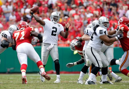KANSAS CITY, MO - SEPTEMBER 20:  Quarterback JaMarcus Russell #2 of the Oakland Raiders passes during the Raiders' 13-10 victory over the Kansas City Chiefs during the game at Arrowhead Stadium on September 20, 2009 in Kansas City, Missouri.  <br /><br /><span class="help">(Photo by Jamie Squire/Getty Images)</span>
