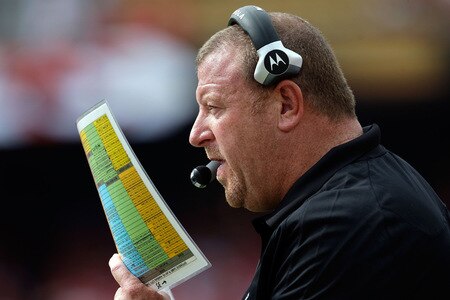 KANSAS CITY, MO - SEPTEMBER 20:  Head coach Tom Cable of the Oakland Raiders calls plays from the bench during the game against the Kansas City Chiefs at Arrowhead Stadium on September 20, 2009 in Kansas City, Missouri.  <br /><br /><span class="help">(Photo by Jamie Squire/Getty Images)</span>