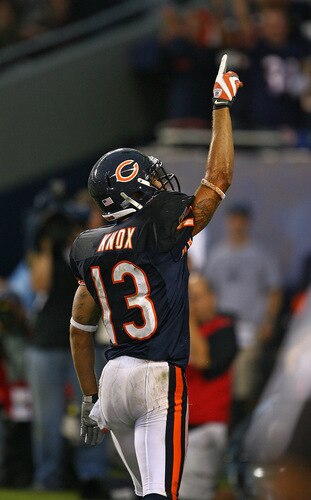 CHICAGO - SEPTEMBER 20: Johnny Knox #13 of the Chicago Bears celebrates a touchdown catch against the Pittsburgh Steelers on September 20, 2009 at Soldier Field in Chicago, Illinois. The Bears defeated the Steelers 17-14. <br /><br /><span class="help">(Photo by Jonathan Daniel/Getty Images)</span>
