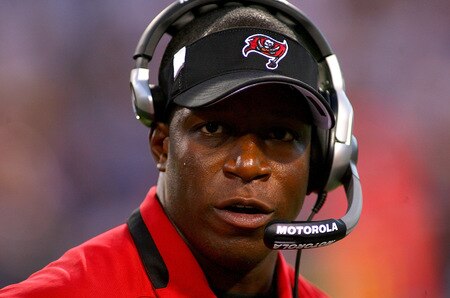 ORCHARD PARK, NY - SEPTEMBER 20: Raheem Morris, head coach of the Tampa Bay Buccaneers, walks the sideline against the Buffalo Bills at Ralph Wilson Stadium on September 20, 2009 in Orchard Park, New York.Buffalo won 33-20.   <br /><br /><span class="help">(Photo by Rick Stewart/Getty Images)</span>