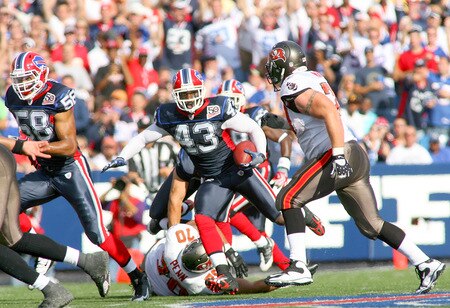 ORCHARD PARK, NY - SEPTEMBER 20: Bryan Scott #43 of the Buffalo Bills runs after intercepting a pass against the Tampa Bay Buccaneers at Ralph Wilson Stadium on September 20, 2009 in Orchard Park, New York.  <br /><br /><span class="help">(Photo by Rick Stewart/Getty Images)</span>
