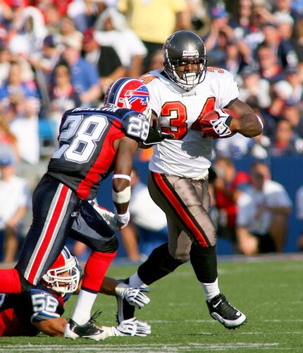 ORCHARD PARK, NY - SEPTEMBER 20:  Earnest Graham #34 of the Tampa Bay Buccaneers runs as Leodis McKelvin #28 of  the Buffalo Bills pursues Graham at Ralph Wilson Stadium on September 20, 2009 in Orchard Park, New York. Buffalo won 33-20. <br /><br /><span class="help">(Photo by Rick Stewart/Getty Images)</span>
