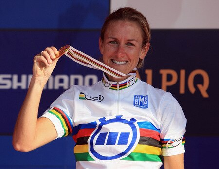 MENDRISIO, SWITZERLAND - SEPTEMBER 23:  Kristin Armstrong of the USA celebtrates with her gold medal after winning the Elite Women's Time Trial at the 2009 UCI Road World Championships on September 23, 2009 in Mendrisio, Switzerland.  <br /><br /><span class="help">(Photo by Bryn Lennon/Getty Images)</span>