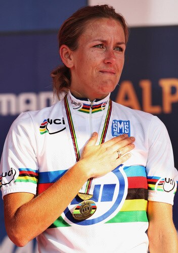 MENDRISIO, SWITZERLAND - SEPTEMBER 23:  Kristin Armstrong of the USA stands on the podium with her gold medal after winning the Elite Women's Time Trial at the 2009 UCI Road World Championships on September 23, 2009 in Mendrisio, Switzerland.  <br /><br /><span class="help">(Photo by Bryn Lennon/Getty Images)</span>