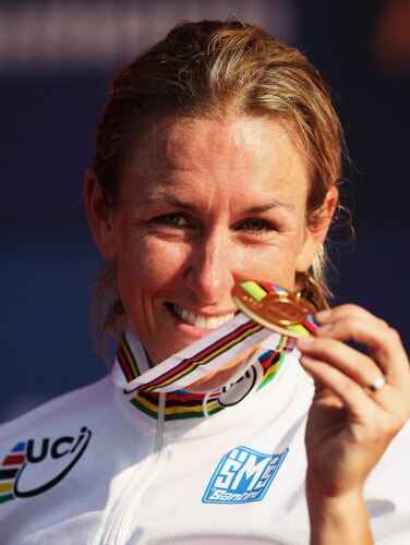 MENDRISIO, SWITZERLAND - SEPTEMBER 23:  Kristin Armstrong of the USA stands on the podium with her gold medal after winning the Elite Women's Time Trial at the 2009 UCI Road World Championships on September 23, 2009 in Mendrisio, Switzerland.  <br /><br /><span class="help">(Photo by Bryn Lennon/Getty Images)</span>