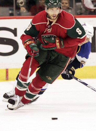 ST. PAUL, MN - SEPTEMBER 24:  Brent Burns #8 of the Minnesota Wild controls the puck away from St. Louis Blues' Alexander Steen (20) in the third period at the Xcel Energy Center on September 24, 2009 in St. Paul, Minnesota. The Blues defeated the Wild 4-1. <br /><br /><span class="help">(Photo by Genevieve Ross/Getty Images)</span>