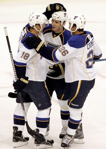 ST. PAUL, MN - SEPTEMBER 24:  Alexander Steen #20 of the St. Louis Blues is congratulated by teammates Jay McClement #18  and B.J. Crombeen #26  after scoring against the Minnesota Wild at the Xcel Energy Center on September 24, 2009 in St. Paul, Minnesota. The Blues defeated the Wild 4-1.  <br /><br /><span class="help">(Photo by Genevieve Ross/Getty Images)</span>